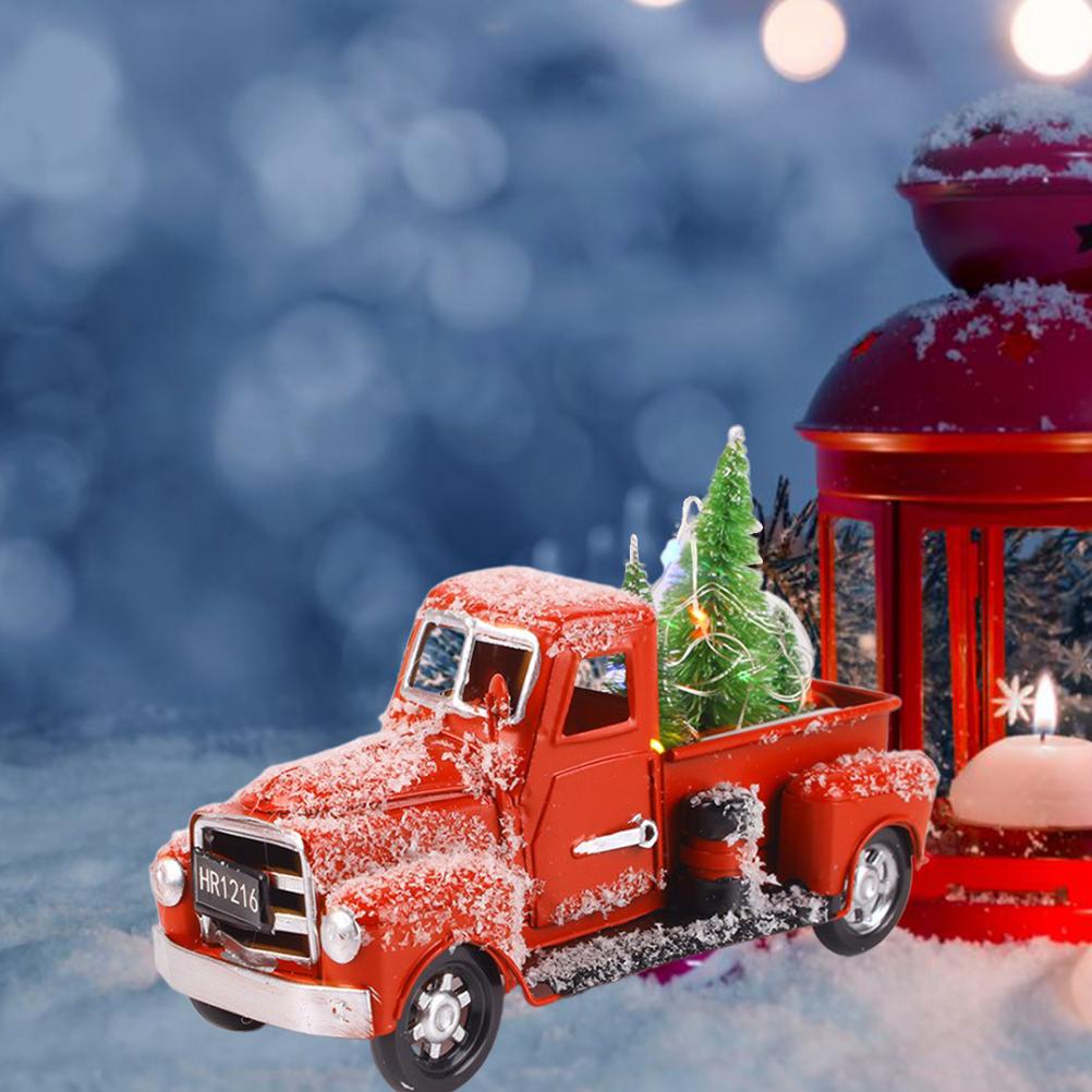 Christmas Vintage Red Truck Metal Truck Car with Christmas Trees Ornaments for Home Fireplace