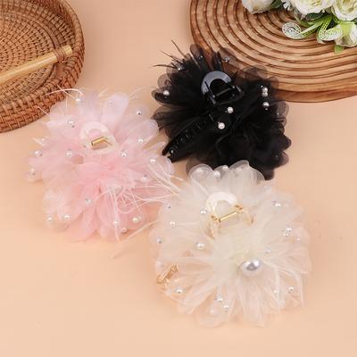 Fashion Feather Mesh Flower Hair Claw Temperament Pearl Hair Clip Elegant Headwear Hair Accessories
