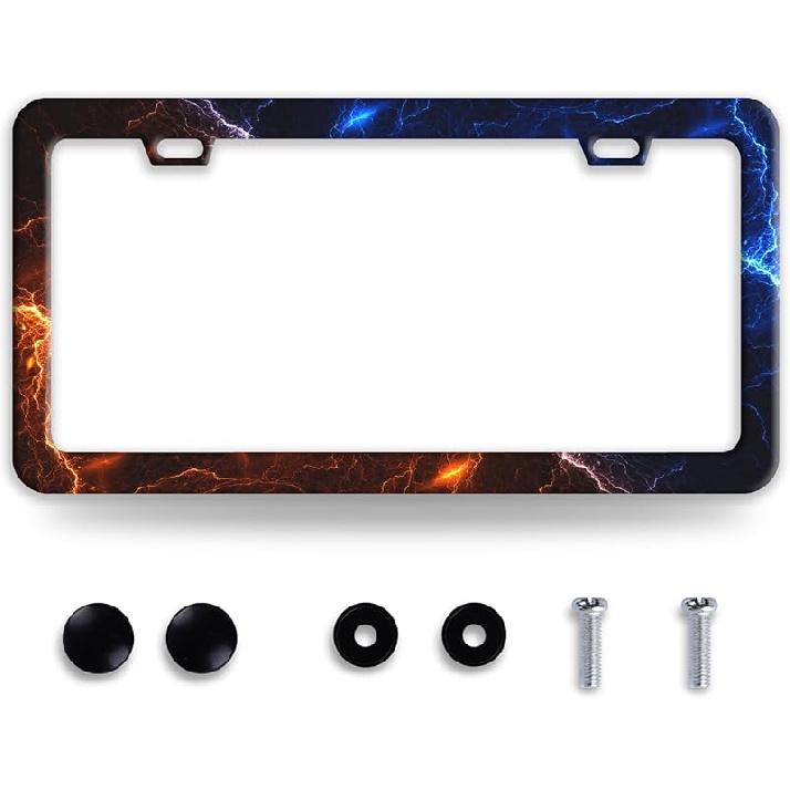 Line Art Flowers License Plate Frame Beautiful Floral License Plate Frames Funny Stainless Steel Accessories Cars Decor With 2 Holes And Screws Fits