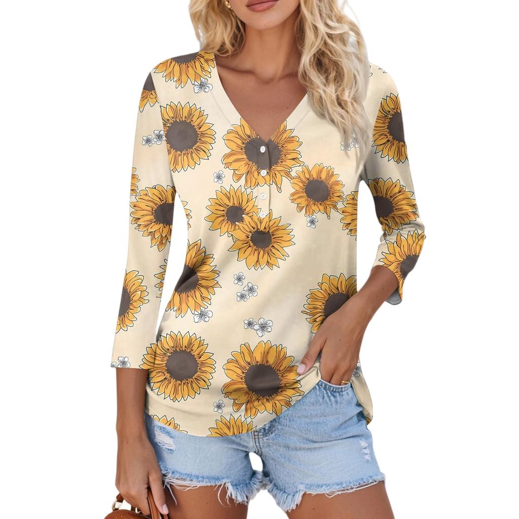 Women's Casual Fashion Sexy Comfortable V-Neck Button Floral Three-quarter Sleeve Top