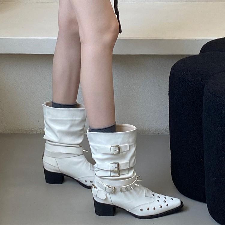 Short Boots Women's Thick Heel Versatile Retro Chelsea Boots 2025 New Western Cowboy Boots Rivet Middle Heel Martin Boots