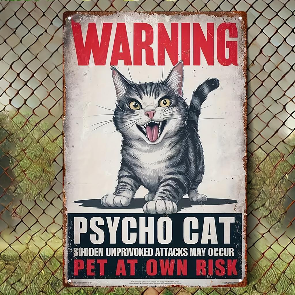 D Flat Vintage Iron Wall Sign Humorous Psycho Cat Warning Xcm IndoorOutdoor Decor for Home Bar Cafe Restaurant