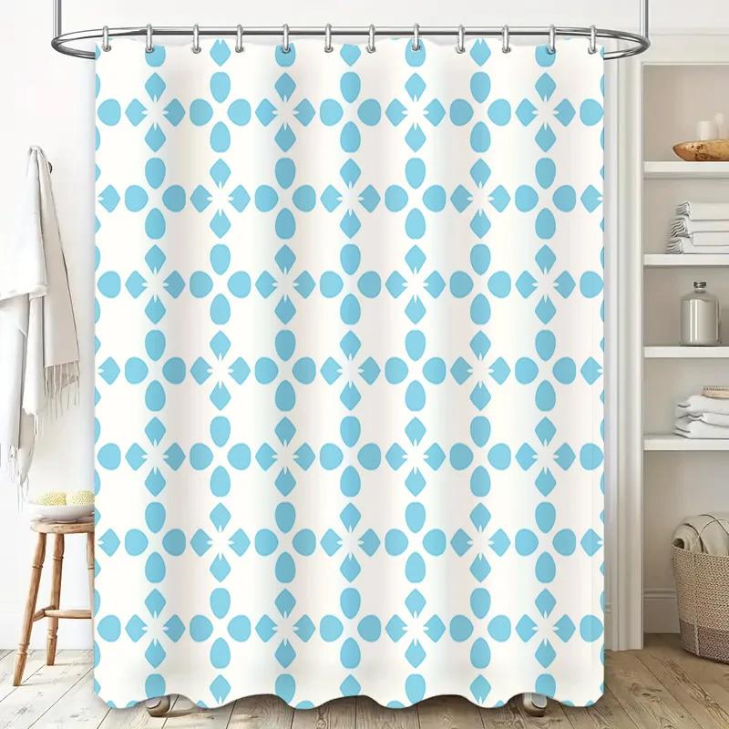 Blue White Geometric Shower Curtain Decorative Bath Liner Set with Hook for Home