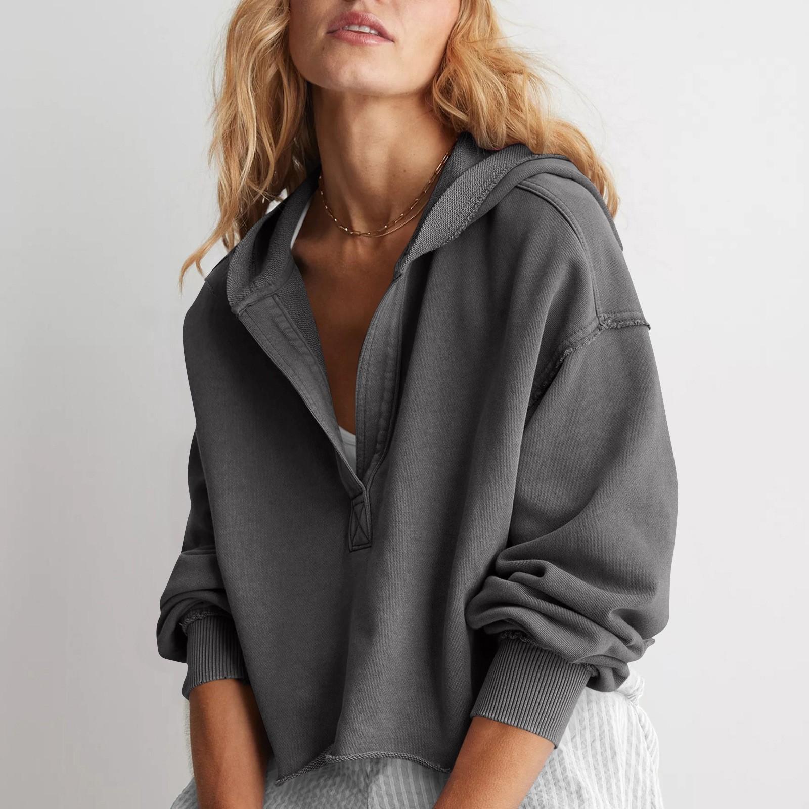 

Женская модная однотонная свободная кофта с V-образным вырезом и длинными рукавами, короткая толстовка с капюшоном M