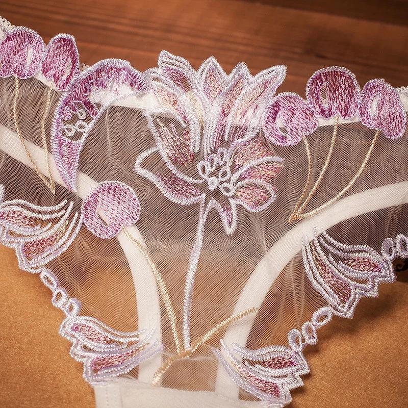Women's Underwear Mesh Full Transparent Flower Embroidery Panties Sexy Temptation T-Pants Ladies Thongs and G Strings