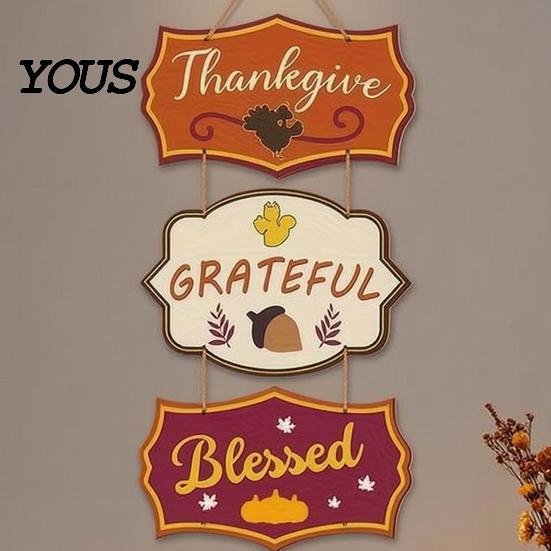 Retro Warm Brown Sign Wooden Door Sign, Farmhouse Autumn Hanging Decor with Turkey Acorns, And Acorn 3-Section Waterproof Porch Wall Prestrung