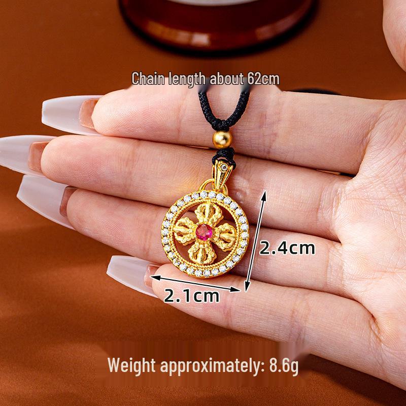 Diamond-Studded Vajra Cross Disc Pendant Women's Gold Necklace - Retro, Long-Lasting, Non-Fading Jewelry