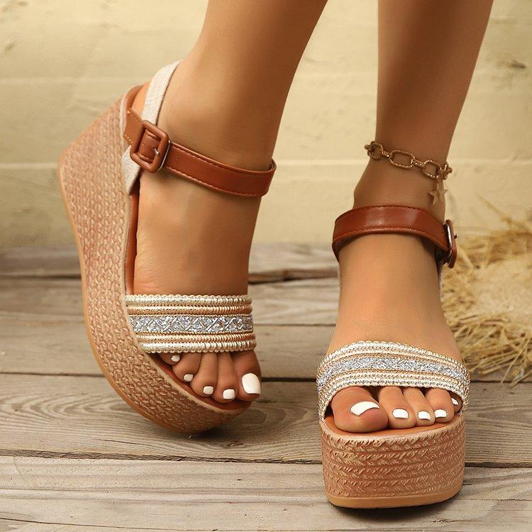 Elastic thick-soled wedge heel sandals style high heels new woven bohemian women 2025 hemp rope