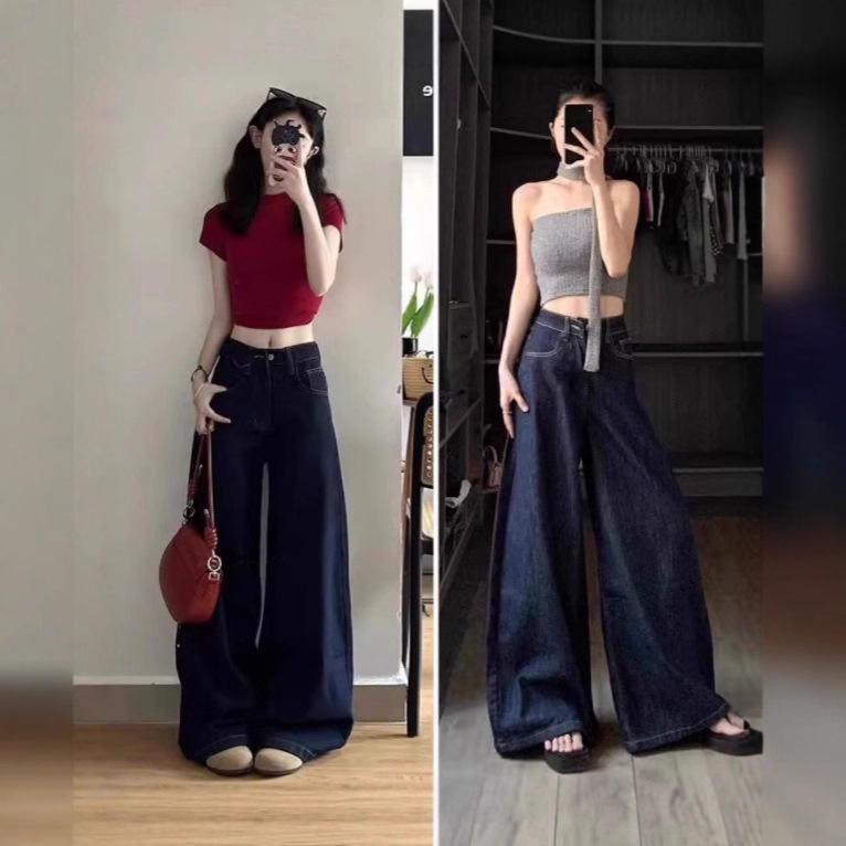 Women's High-Waisted Retro Wide-Leg Jeans in Deep Blue