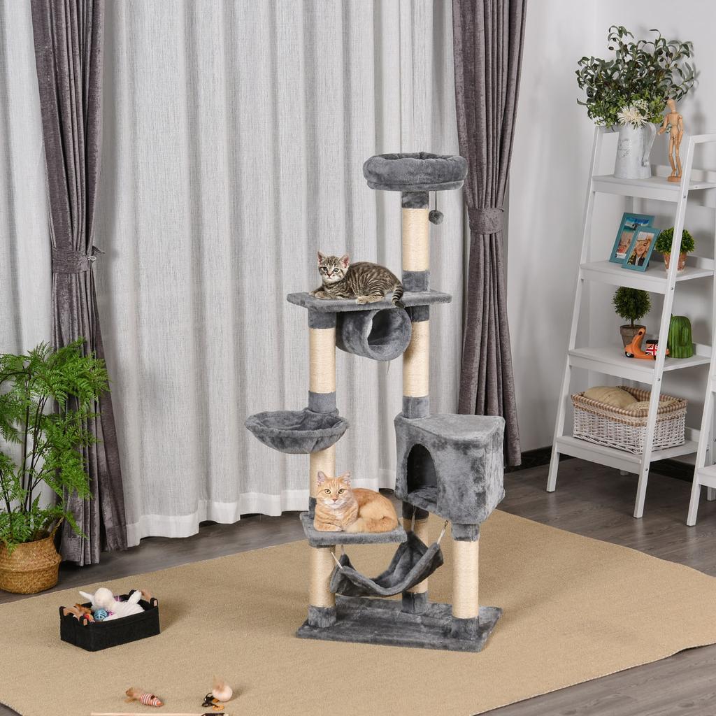 Cat Scratching Post with Bed, Hammock, and Sisal Poles, Grey