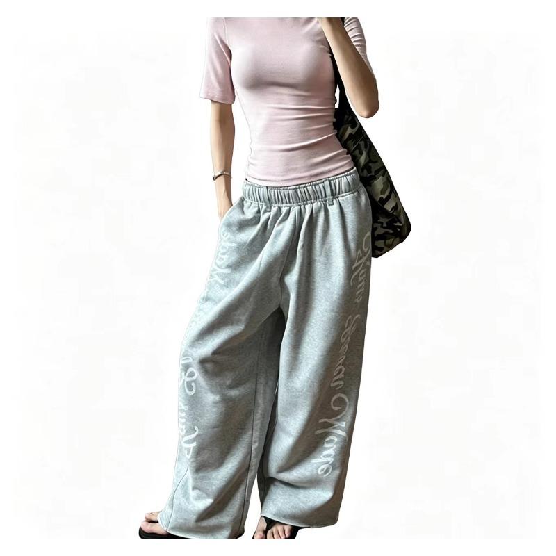 VIONA American Retro Letter Print Design Sport Drawstring Casual Pants Unisex Loose Lazy Match All Over Floor-Length Pants S