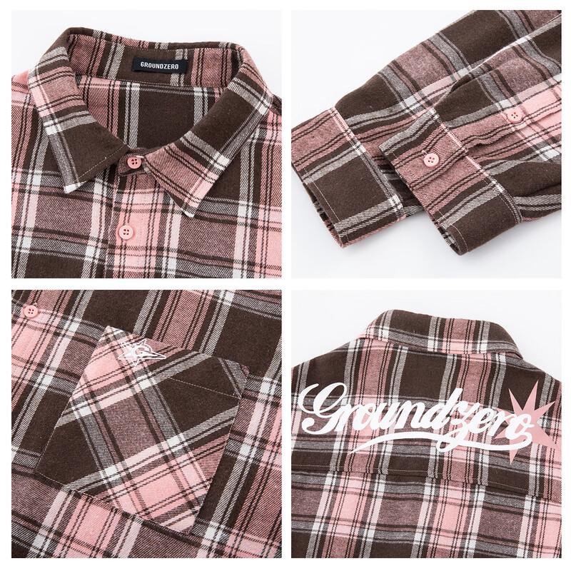 GROUND ZERO Unisex Letter Print Plaid Color-block Loose Shirt