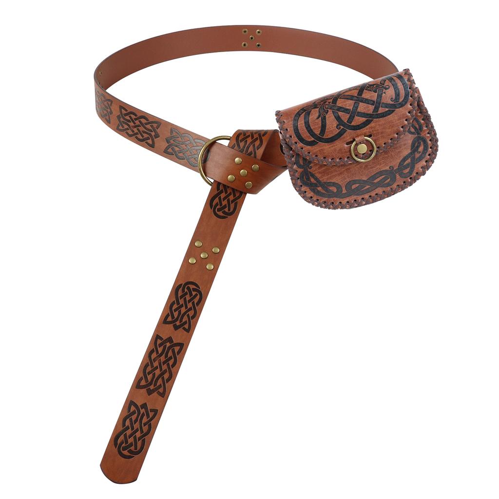 Medieval PU Leather Belt Waist Bag Two-Piece Set Viking Print Boat Shaped Pirate Halloween Retro Role Playing Costume Props