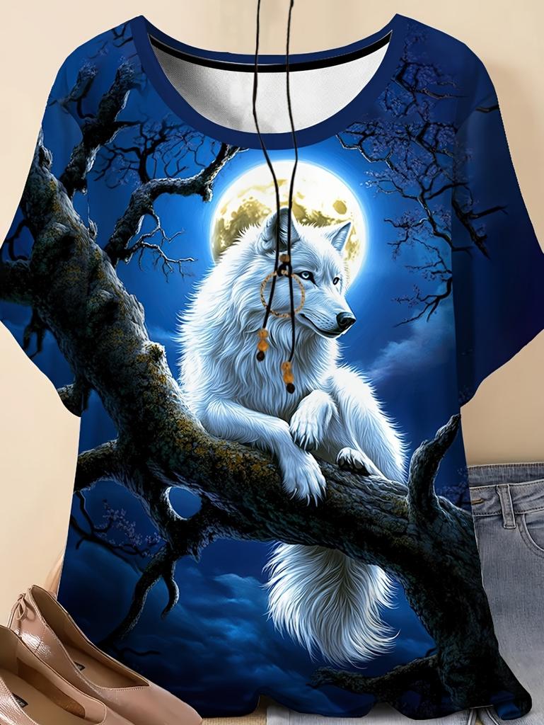 Neues Damen T-Shirt 3D Wolf Druck Rundhals Kurzarm Mode Grafik T-Shirts Lustige Streetwear Tops Y2k Lockeres T-Shirt Damen Kleidung