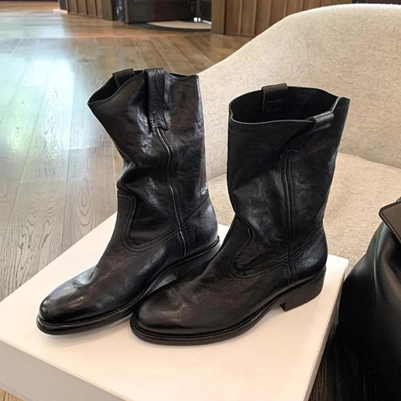 Women's Cowboy Boots Mid Calf Boots Western Short Embroidered Round Toe Low Heel Slip on Comfort Dress Slouchy Booties