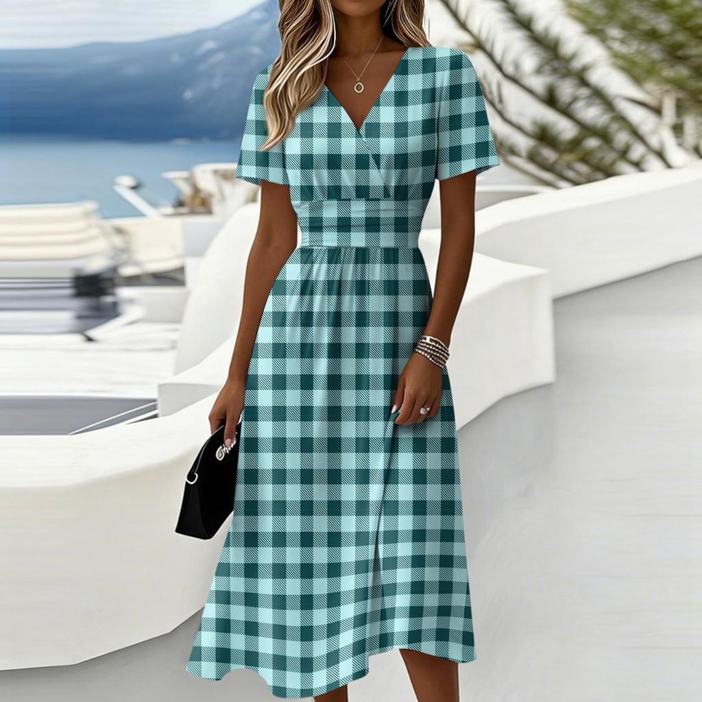 Women’s Gingham Print Casual Midi Dress with Short Sleeves V Neck and Relaxed Fit for Everyday Wear and Comfort