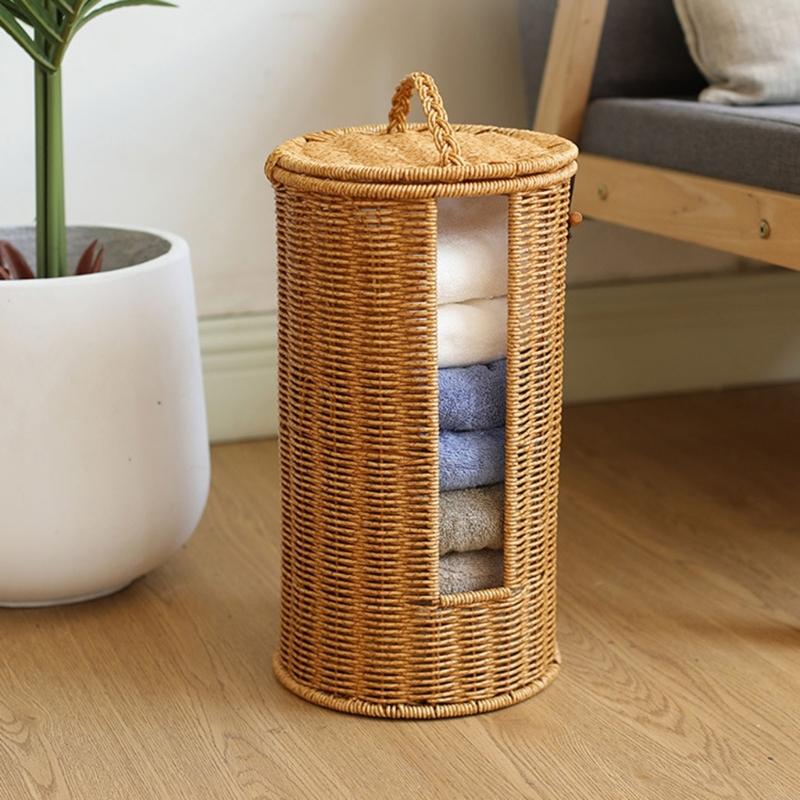 Handgewebter Zylinder Aufbewahrungskorb Badezimmer Organizer für 3 Rollen Toilettenpapier Freistehendes Badregal Dekoration