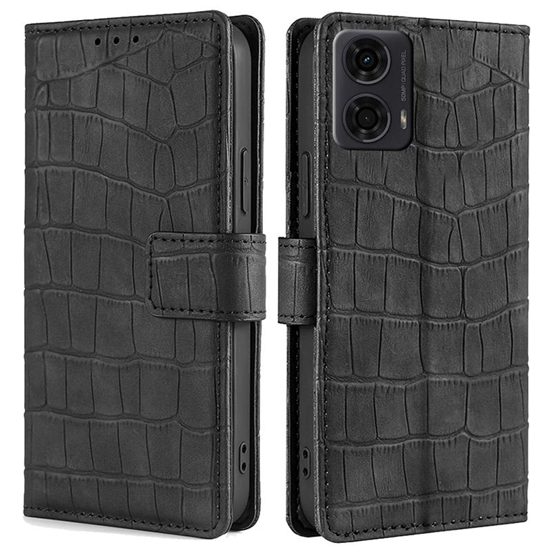 

For Motorola Moto E14 4G/G04 4G/G04s 4G/G24 4G Phone Case Crocodile Texture PU Leather Cover with Magnetic Clasp Black