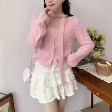 Light Luxury Imitation Mink Velvet Knitted Sweater Women's Base Autumn and Winter White Design Temperament Neck Foreign Style Cardigan Top
