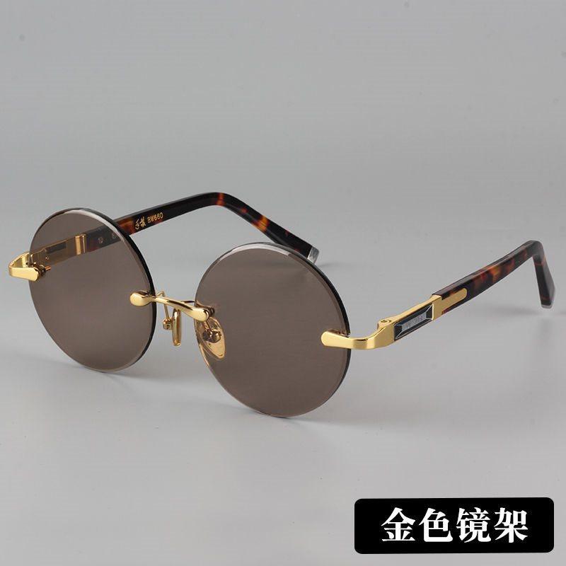 

Vintage Round Sunglasses Men Fashion Crystal Dark Green Lens Rimless Shades Women Retro Trendy Brand Luxury Design Sun Glasses