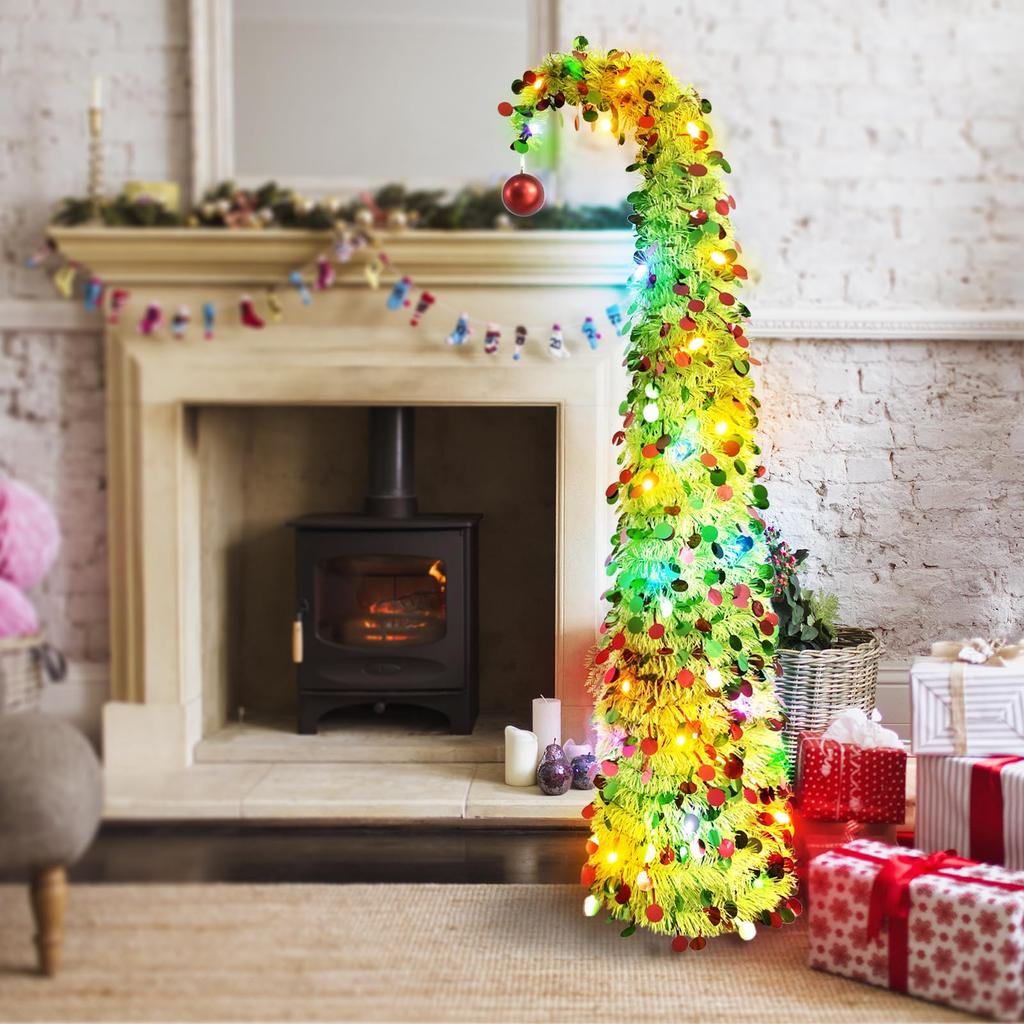 Brad de Crăciun Artificial Înclinabil cu Lumină LED Colorată Curbată de 5m, Glob Roșu, Două Tipuri de Iluminare, Brad Artificial de Pin cu Paiete Circulare, Crăciun