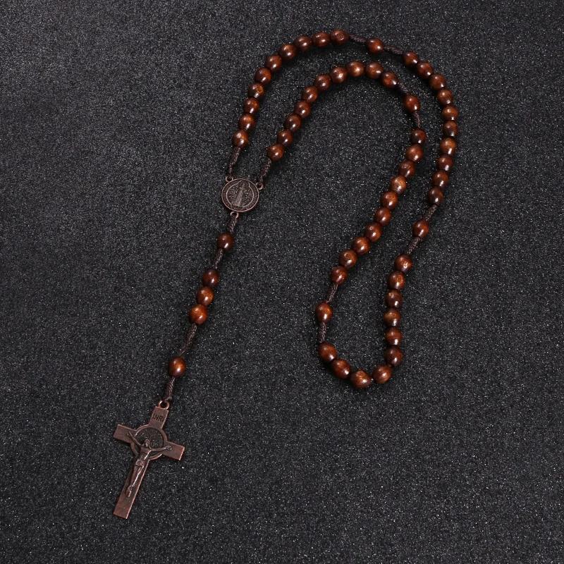 Christ Jesus Wooden Beads Rosary Cross Car Pendant Braided Rope Chain Necklace Religious Orthodox Prayer Jewelry