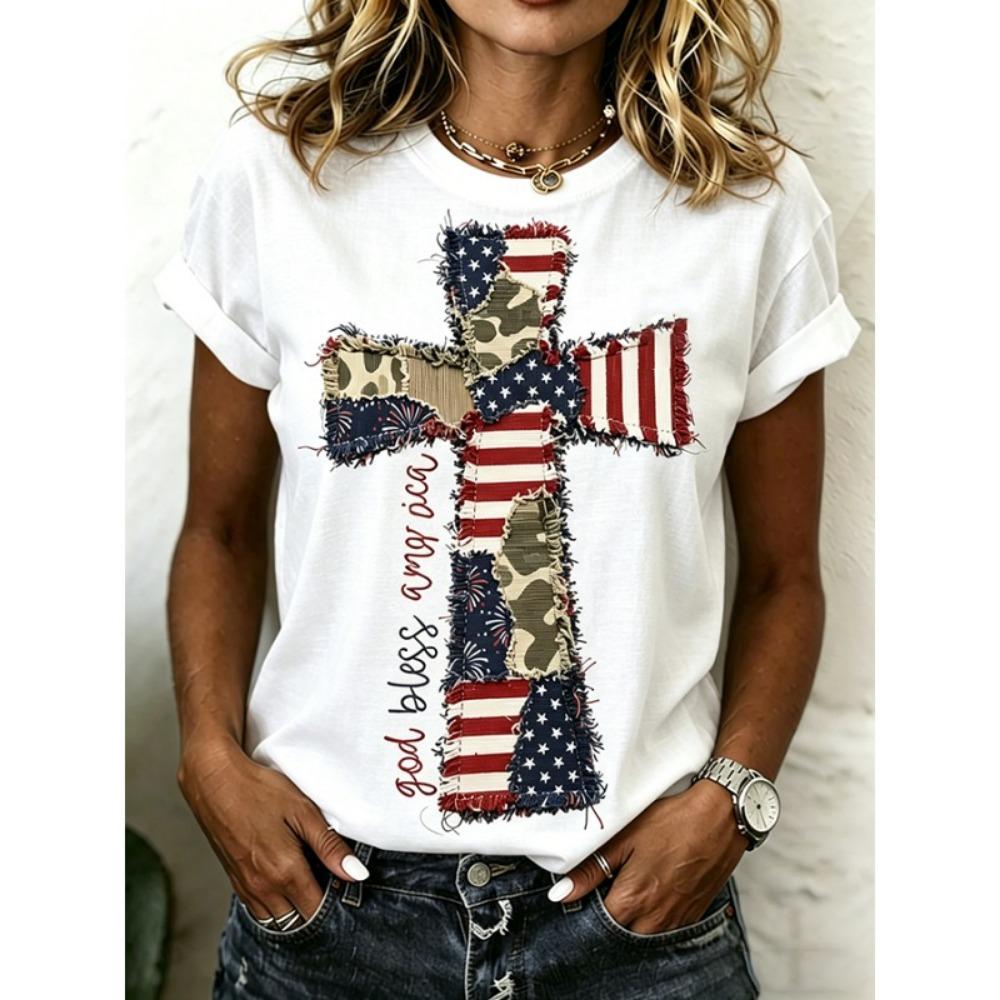 

Ilstile 250th Anniversary Of The United States Flag Women s Print T-Shirts Summer O Neck Tops Short Sleeve Casual Cross Tees M