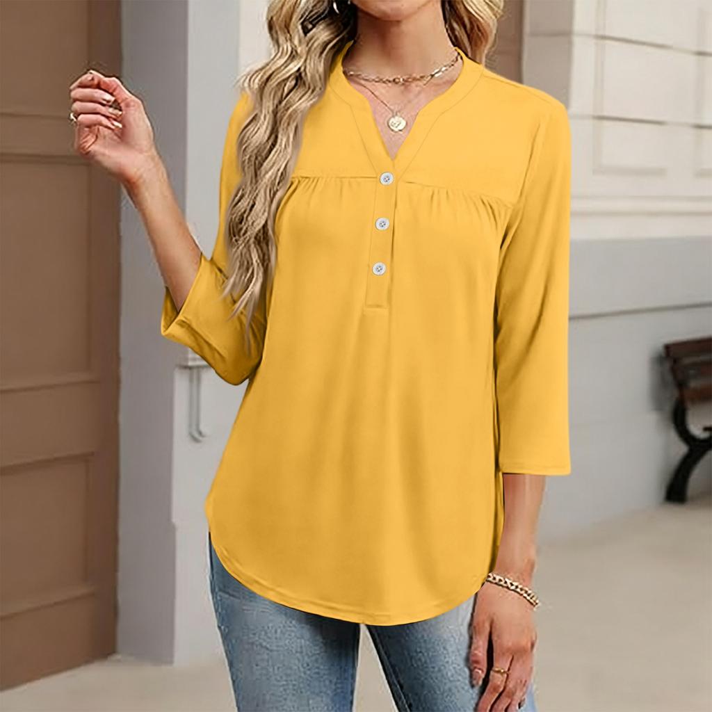 Women's Fashionable Casual Color V-Neck Decorative Button Three-Quarter Sleeve T-Shirt Top