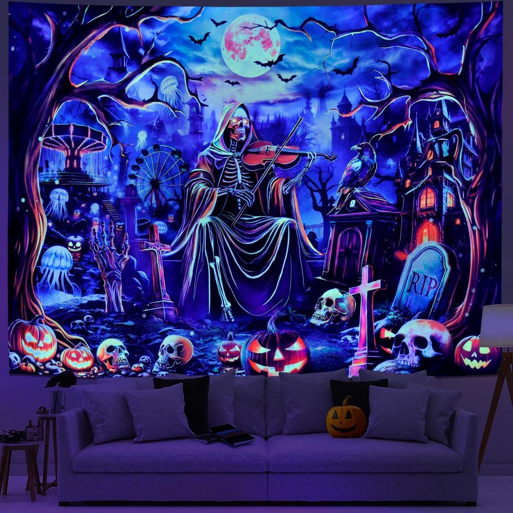 Yuiqear Blacklight Skull Tapestry UV Reactive Halloween Tapestries Psychedelic Moon Castle Tapestries Horror Pumpkin Tree Tapest