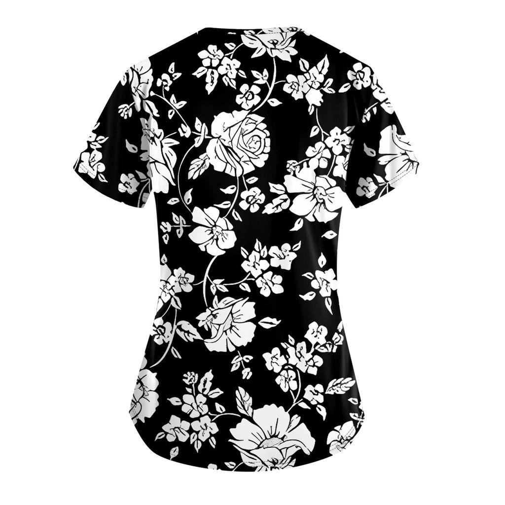 Modische Arbeitskleidung für Damen mit V-Ausschnitt, kurzen Ärmeln und bedruckten Taschen