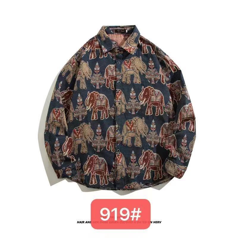 Men's Cuban Vintage Retro Long Sleeve Shirt Japanese Ethnic Style Autumn Winter Casual Button Down