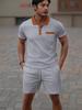 Summer Men's Waffle Knit Color Block Casual Set with Lapel and Shorts