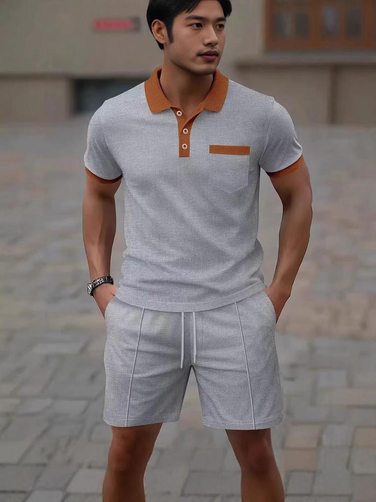 Summer Men's Waffle Knit Color Block Casual Set with Lapel and Shorts