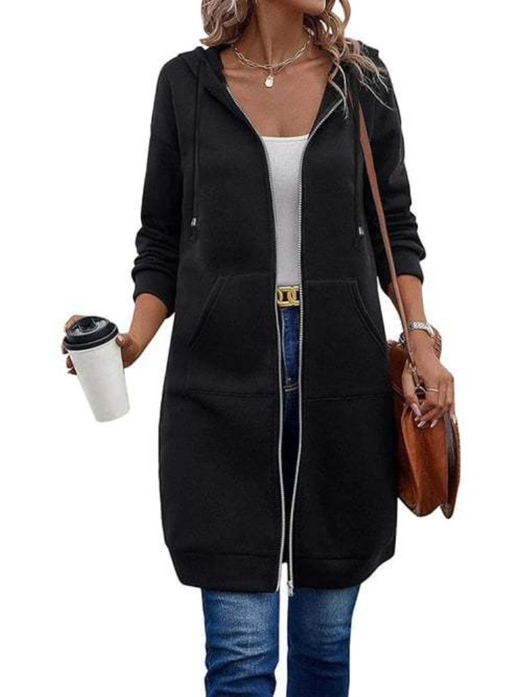 Women's Hooded Long Zip-Up Coat In 15 Colors