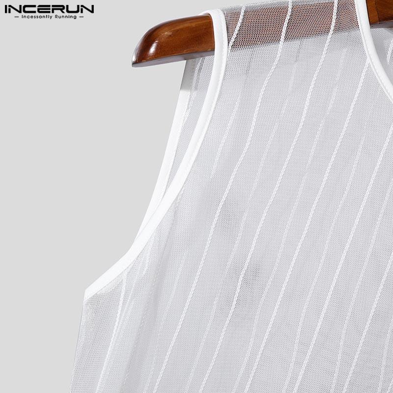 INCERUN Men Sleeveless Fishnet See Through Short Tank Tops Mesh Crop T-shirts