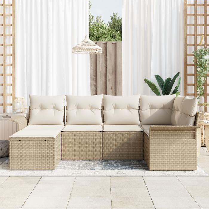 Ensemble de canapés de jardin de 6 pièces avec coussins beige en rattan synthétique, Canapé de jardin 2 places avec 3354100