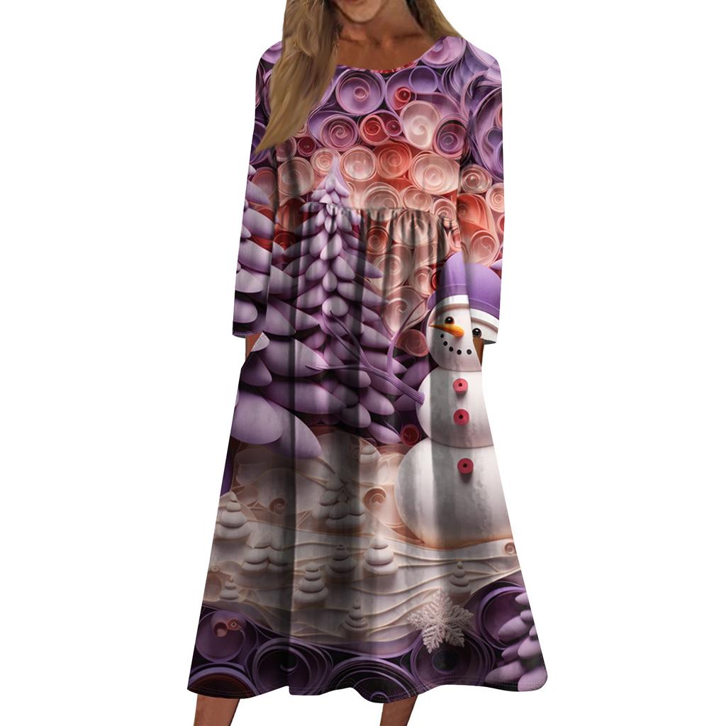 Women's Casual Crew-neck Christmas Print Mid-length Dress Long-sleeved Dress With Pocket