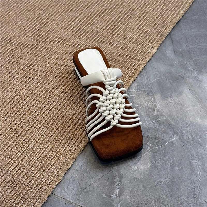 womens Woven Thin Strap Slippers Summer Square Toe Open Toe Cutout Breathable Non-slip Wear-resistant Low Heel Shoes