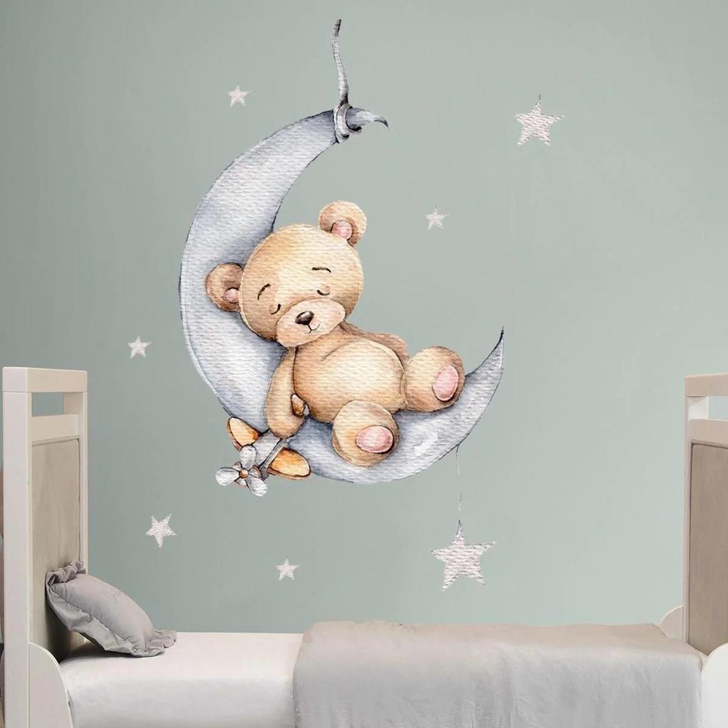 Wall Decoration NEW Cartoon Bear Sleeping On The Moon and Stars Wall Stickers for Kids Baby Room Wall Nterior Decoration Tools