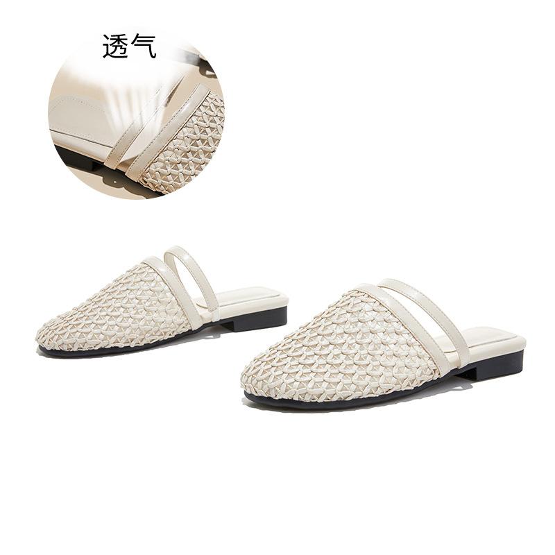 

Baotou slippers women s summer new woven hollow high-end flat bottom versatile half drag casual fashion sandals 40 бежевий