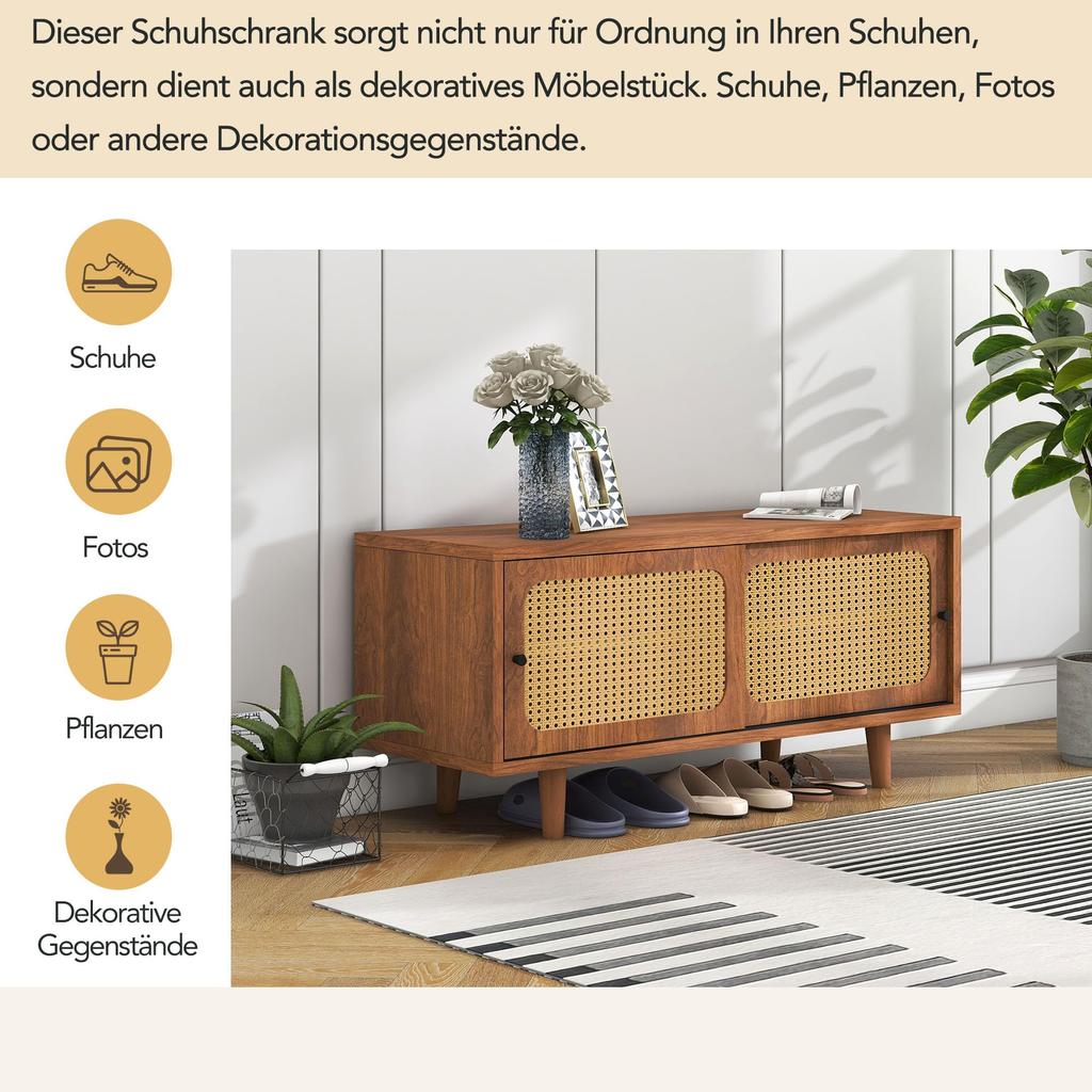 Schuhschrank 2 Türen verstellbare Ablage, Schuhregal Flur, Diele, Wohnzimmer, Schlafzimmer, Holzmöbel, Landhausstil, 104 x 40 x 48 cm, Nussbaum