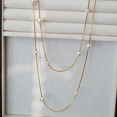 Stylish And Simple, Extremely Fine Snake Bone Chain Embellished With Pearls, Double-Layered Wear, Autumn And Winter New Long Necklace, Sweater Chain