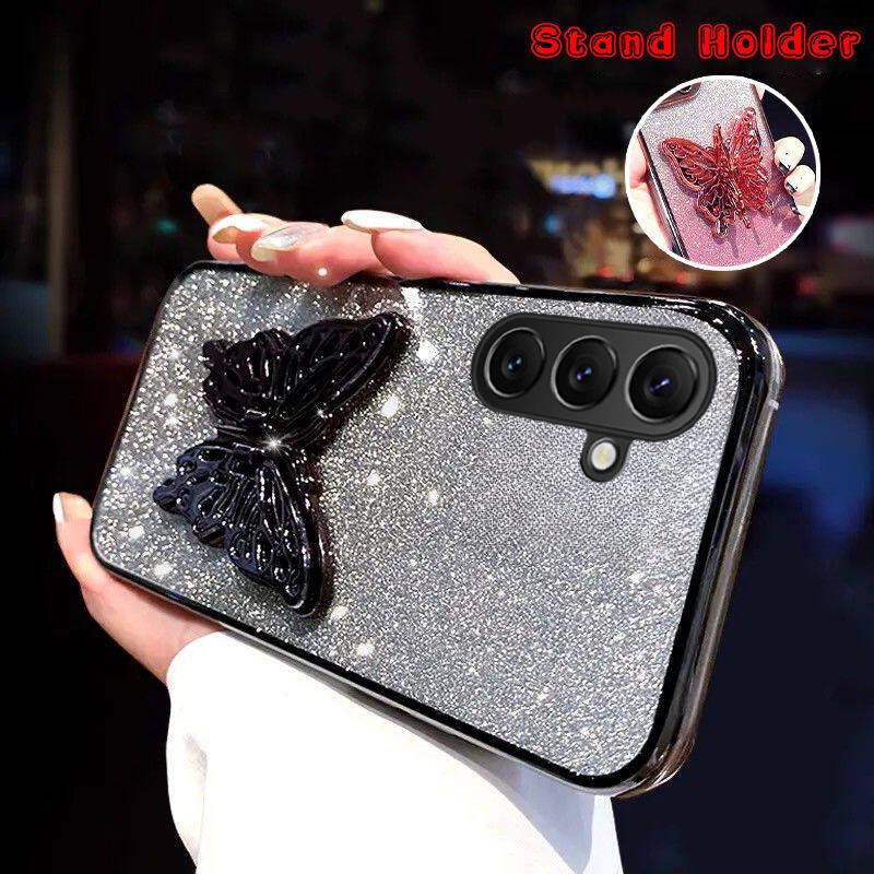 For Samsung Galaxy S25 FE / S26 FE Case with Cute Butterfly Stand Luxury Slim Gradient Clear Plating Glitter Girls