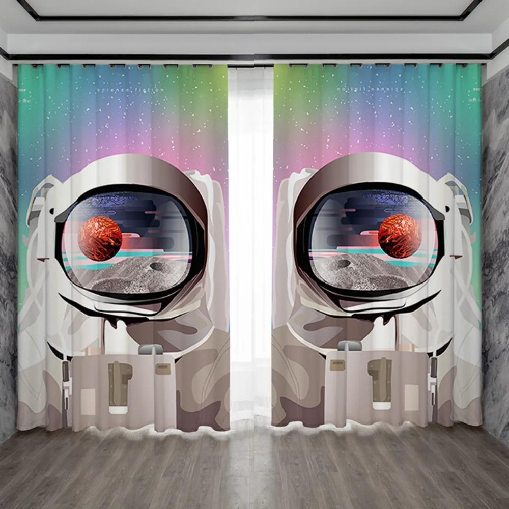 Creative Ins Style High Shading Curtain Astronaut Science Technology Sense Starry Sky Space Boy Game Bedroom Darkening Drape 2PCS