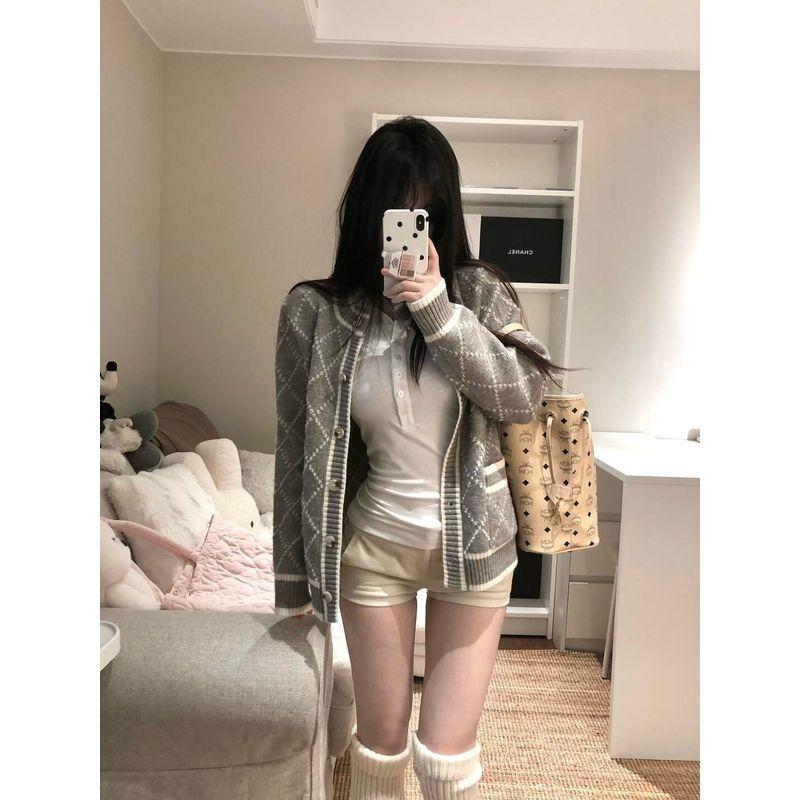 

Design Sense Rhombus Sweater Outerwear Women Spring and Autumn Korean Series Gray Lazy High Sense Graceful Early Spring Knit cardigan Gray S