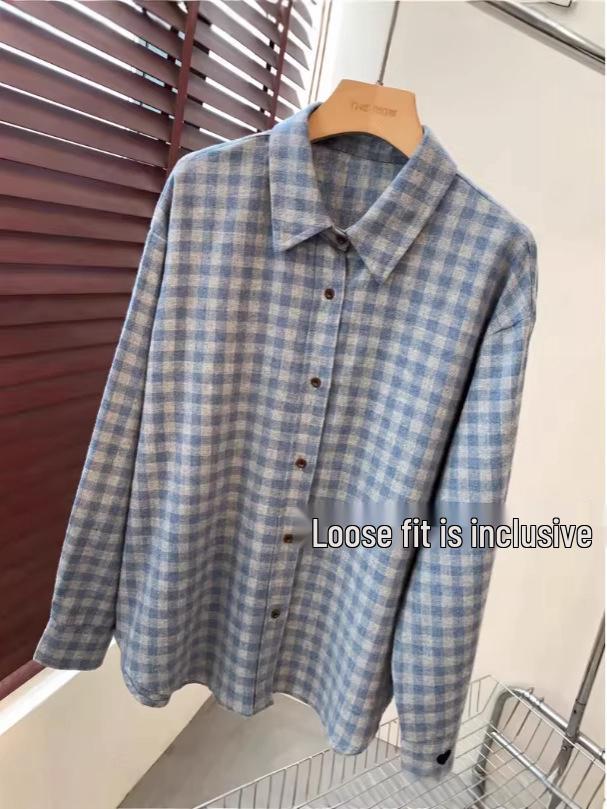 Blauw Ruitjes Hart Geborduurd Dik Katoen Lange Mouwen Shirt - Nieuwe Winter Collectie