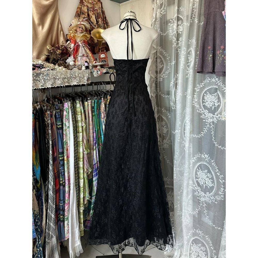 France Vintage Slim Slash Neck Sleeveless Dress Women Gothic Y2k V-neck Black Summer Dresses High Street Skinny Clothing