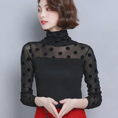 Blusa de Encaje de Primavera de Cuello Alto con Lunares: Manga Larga, Corte Ajustado, Diseño de Malla para Mujer