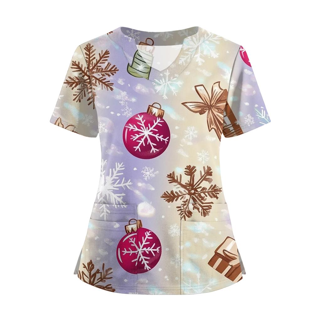 Women's Short Sleeved Christmas Printed V-neck Buttonable Side Slit Top T-shirt