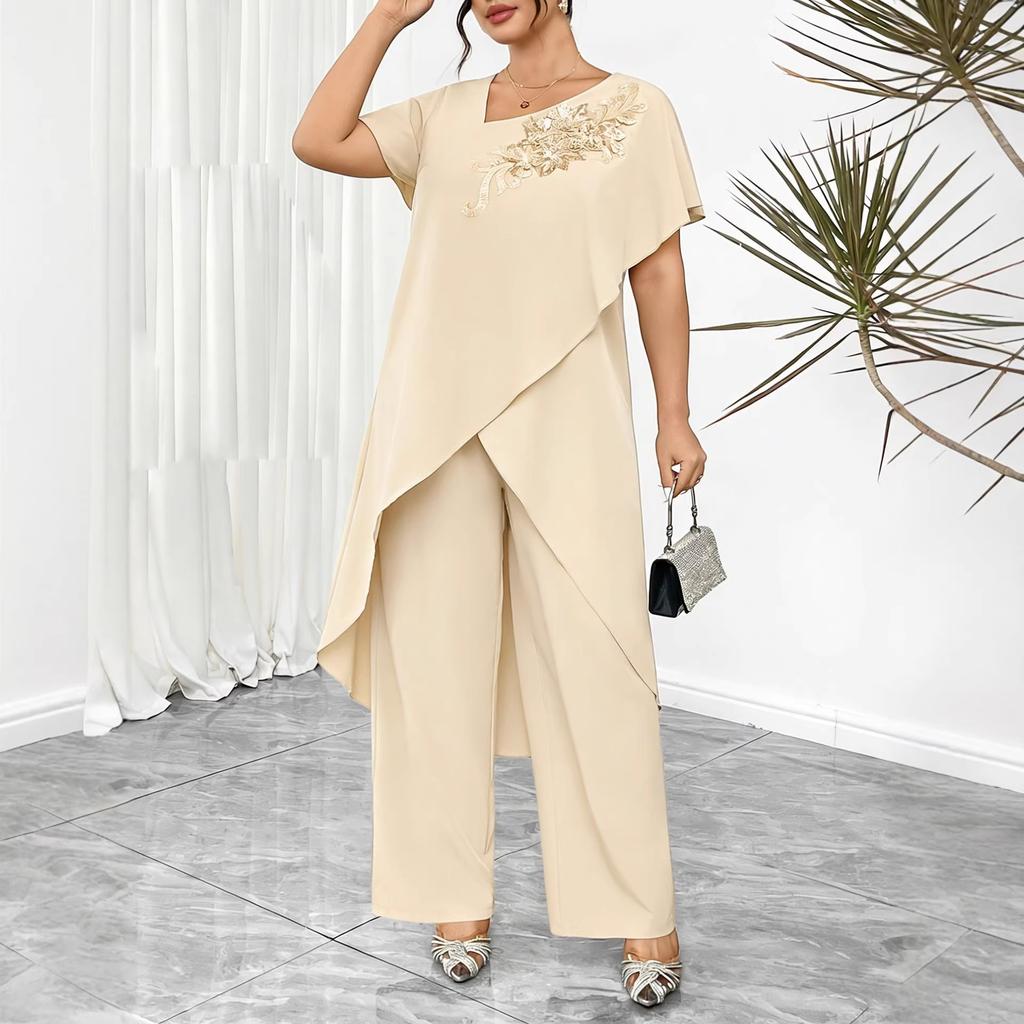 European and American cross-border plus-size women's 2026 summer fashion print irregular mid-length top wide-leg pants two-piece set